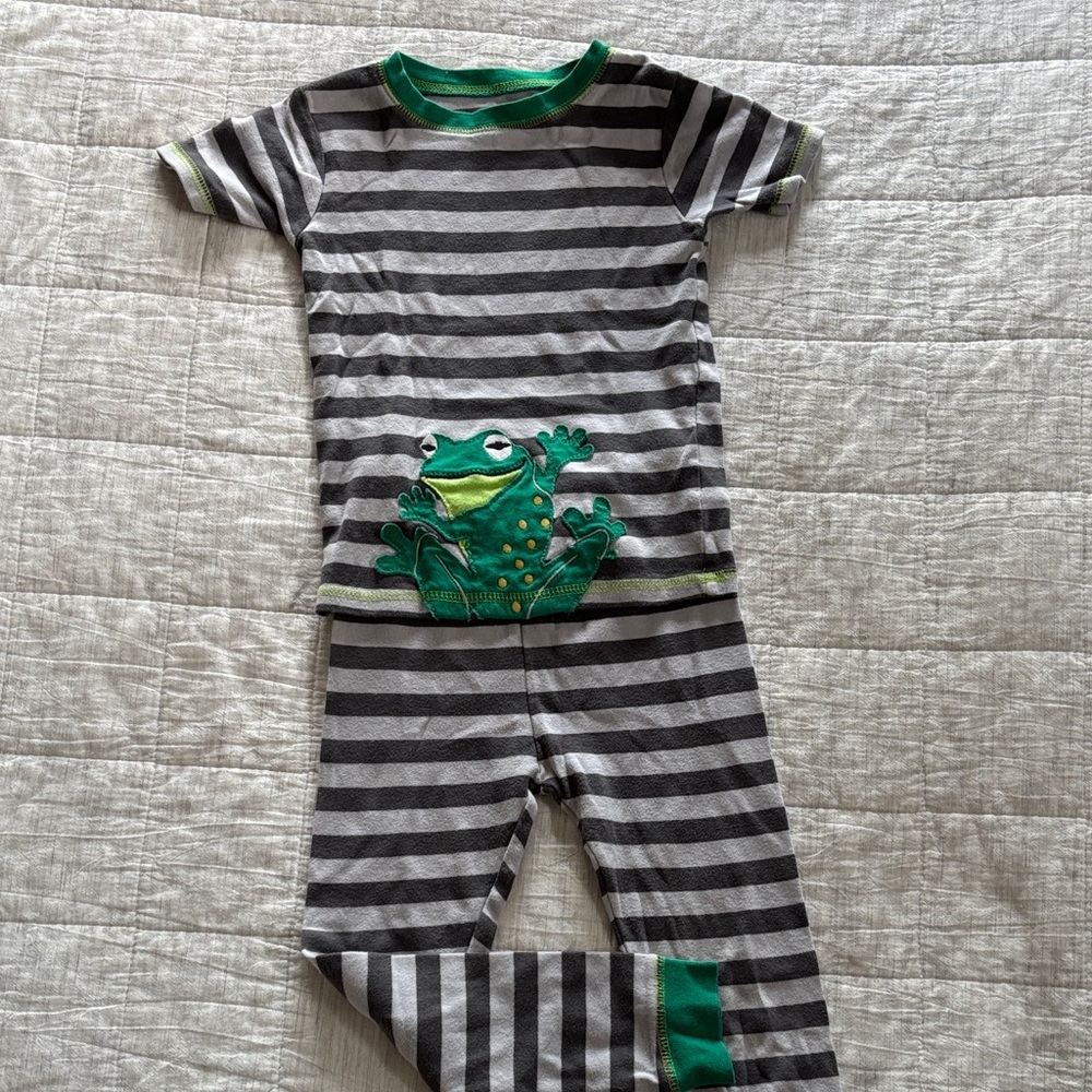 Carters 4T Striped Frog Kids Pajamas - Green and Gray stripe